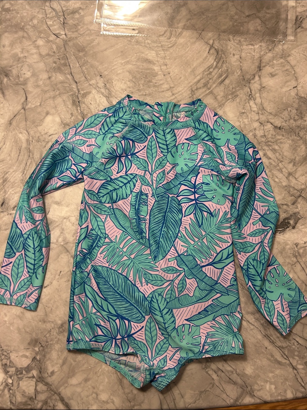 Cat & Jack little girl’s Tropical Rash Guard Swimsuit - lavender & teal, Sz 5T